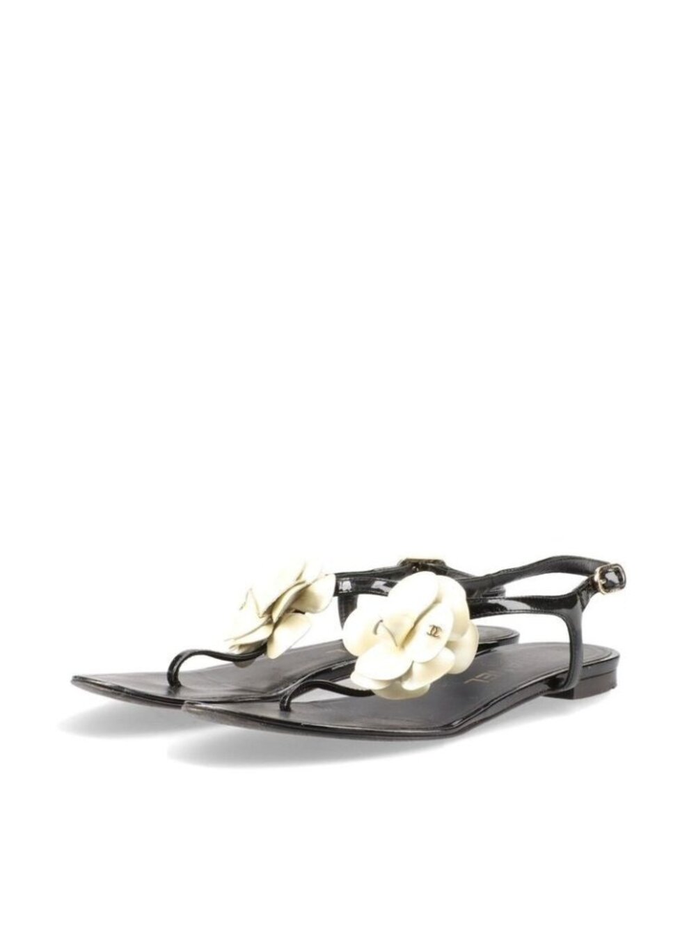 Chanel Coco Mark Camellia Patent Leather Sandals 35 C Black And Ivory - Picture 2 of 15
